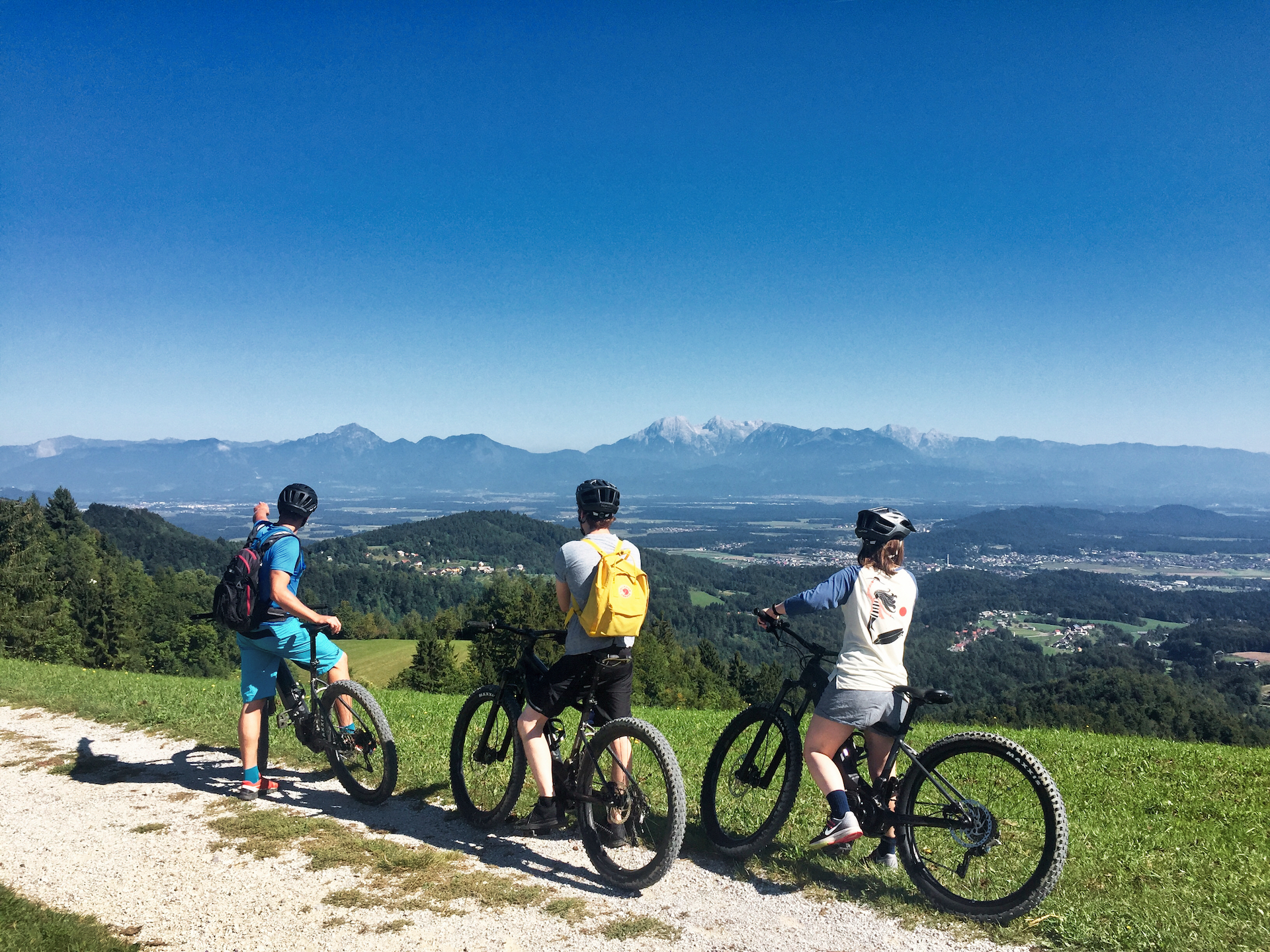 Bike Guide explaining what mountains we see on Ljubljana bike tour